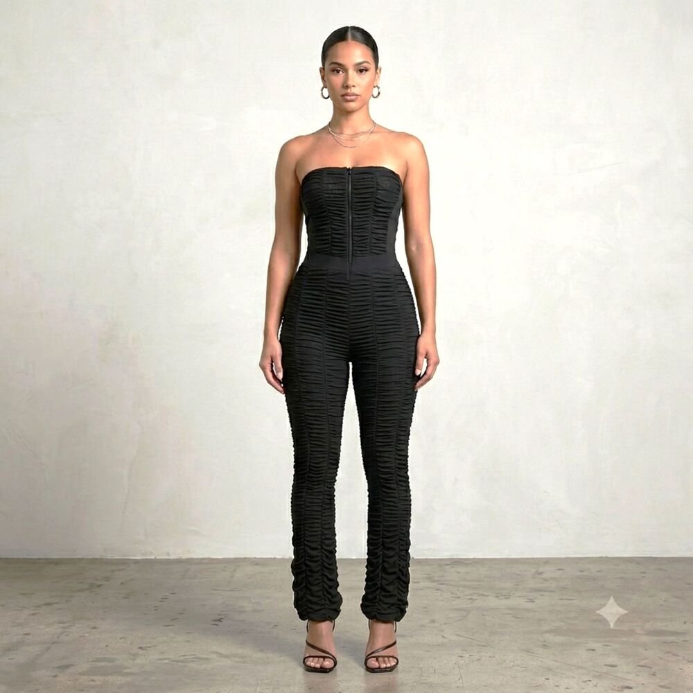 I.AM.GIA Ophelia Black Ruched Jumpsuit S Sheer Stretch Bodycon Strapless Mesh